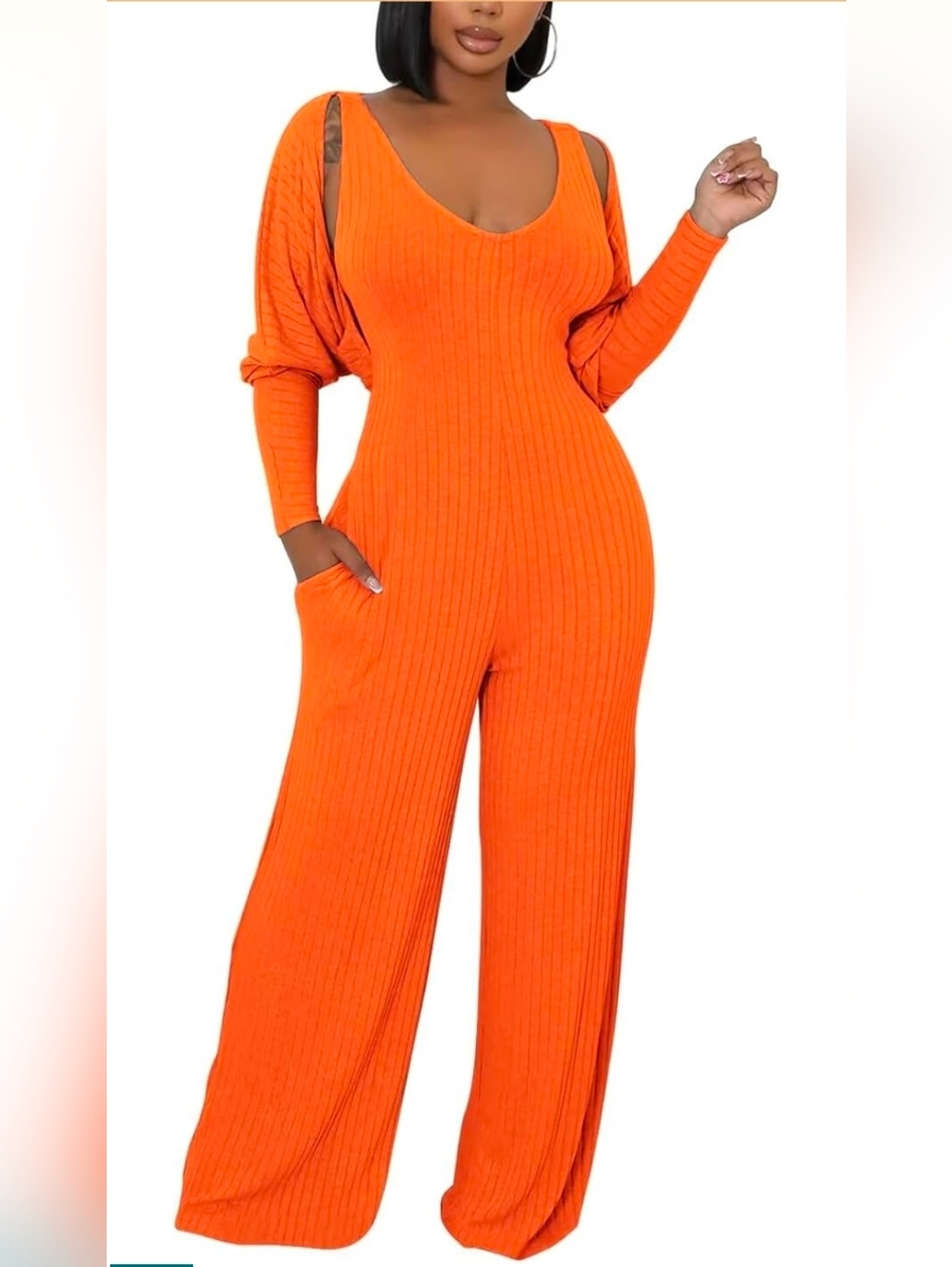NWOT- 2 Piece Wide Leg Ribbed Knit Jumpsuit With Crop Cardigan